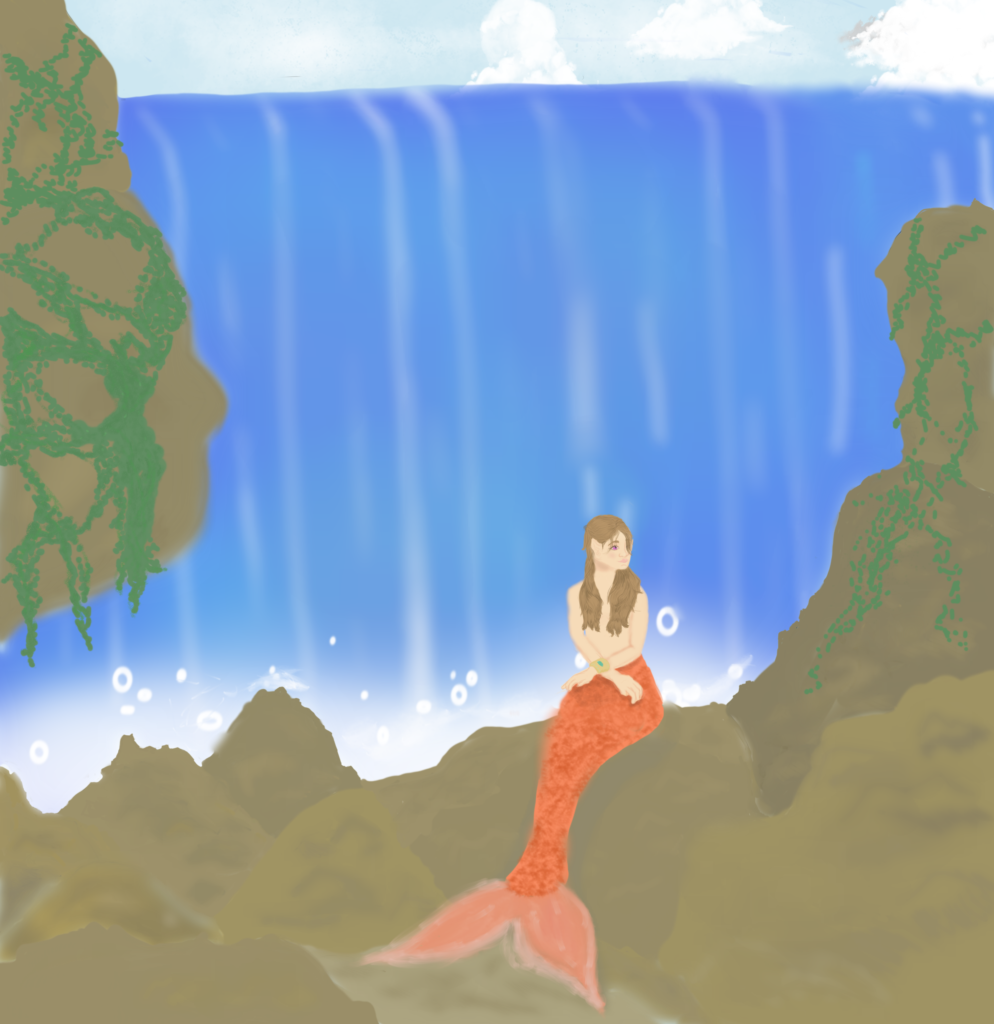 A mermaid sitting at the bottom of a waterfall on rocks